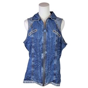 Bleu Bayou Embellished Denim Vest L Western Y2K Boho Rhinestone Zip Up